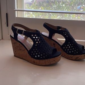 Jellypop Navy Blue Cork Wedge Platform Heel Slingback Sandal Shoe Comfort Fit